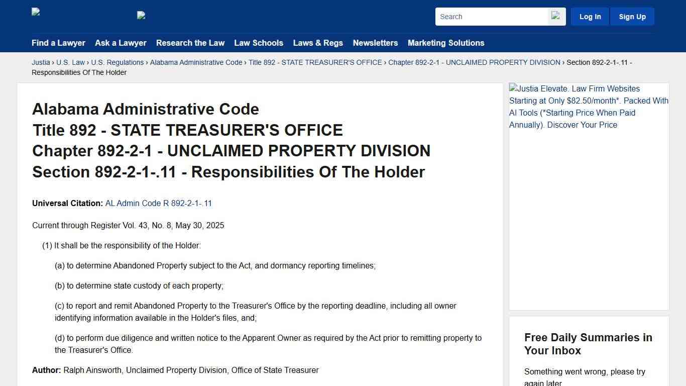 Alabama Administrative Code, Chapter 892-2-1, Section 892-2-1-.11 - Responsibilities Of The Holder Alabama Administrative Code Justia