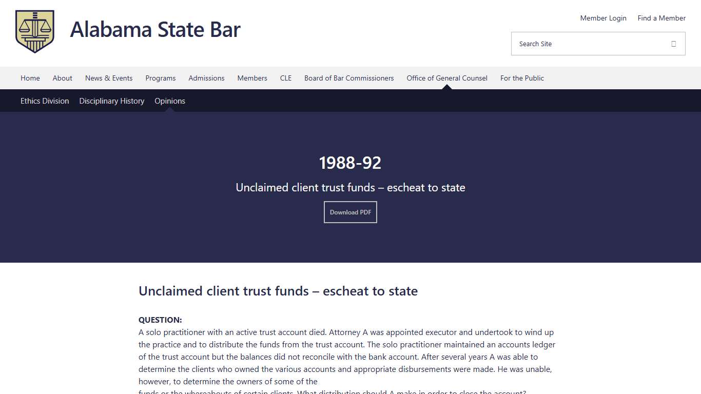 Unclaimed client trust funds – escheat to state Alabama State Bar